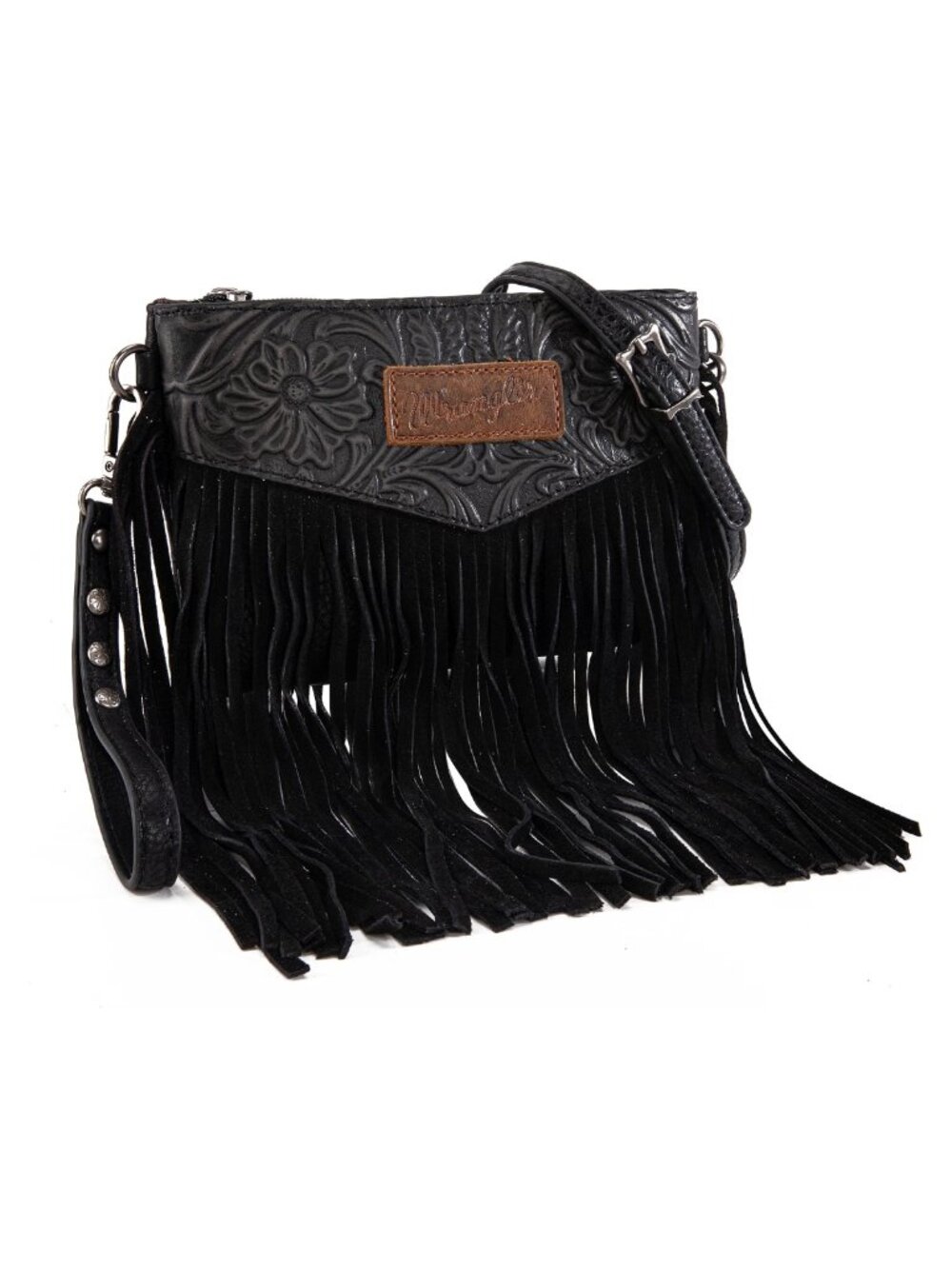Western Fringe Crossbody Wristlet Bag Faux Leather Tooling Fringe Convertible